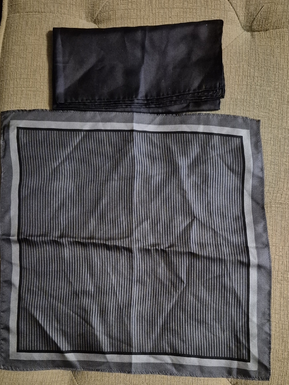 Black/Gray Striped and Solid Black Silk Pocket Squares